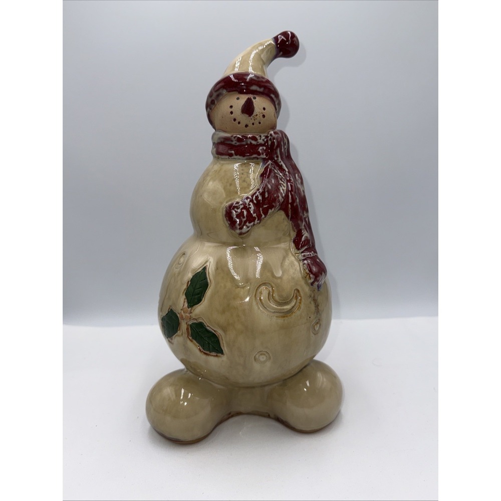 Ceramic Pottery Snowman beige & Red  Glazed 12" tall